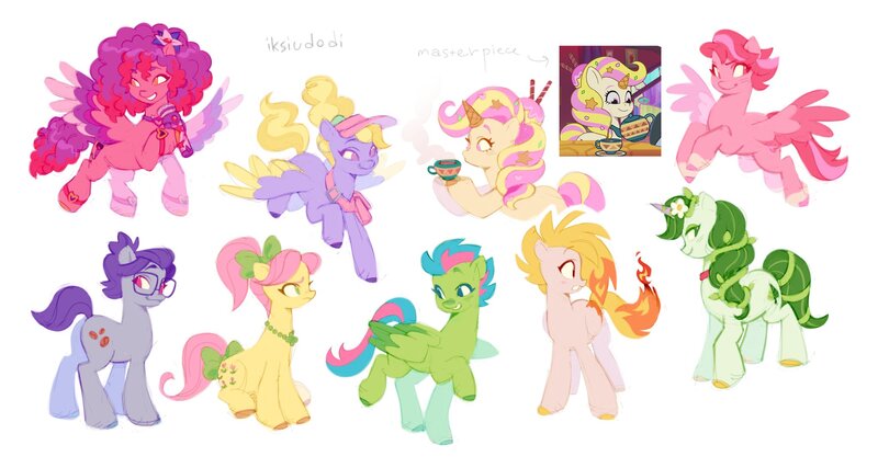 Size: 2048x1092 | Tagged: safe, artist:iksiudodi_, derpibooru import, posey (g5), earth pony, pegasus, pony, unicorn, g5, bow, bracelet, burning, choker, colored wings, cup, fake horn, female, fifi (g5), flare (g5), flower, flower in hair, flying, food, glasses, hair bow, hat, hoof hold, horn, image, jewelry, jpeg, luminous dazzle, mare, microphone, necklace, on fire, paisley bluebell, ruby jubilee, simple background, sitting, spread wings, tail, tail bow, tea, teacup, vanilla swirl, white background, windy, wings, 莉芙
