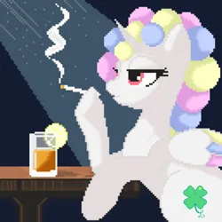 Size: 1280x1280 | Tagged: suggestive, artist:lukhica, derpibooru import, oc, oc:cottomsky, alicorn, alcohol, drink, horn, image, pixel art, pixelated, png, smoking, solo, whiskey