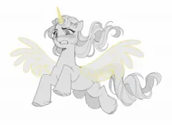Size: 2048x1540 | Tagged: safe, artist:iksiudodi_, derpibooru import, sunny starscout, alicorn, earth pony, pony, g5, my little pony: a new generation, artificial horn, artificial wings, augmented, colored sketch, female, flying, horn, image, jpeg, magic, magic horn, magic wings, mare, race swap, simple background, sketch, solo, sunnycorn, white background, wings