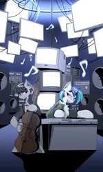 Size: 1200x2000 | Tagged: safe, artist:hovawant, derpibooru import, octavia melody, vinyl scratch, pony, bipedal, cello, clothes, image, monitor, music notes, musical instrument, png, speaker, turntable