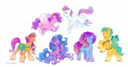 Size: 2250x1188 | Tagged: safe, artist:iksiudodi_, derpibooru import, hitch trailblazer, izzy moonbow, pipp petals, sparky sparkeroni, sunny starscout, zipp storm, dragon, earth pony, pegasus, pony, unicorn, g5, applejack (g5), badge, bag, blushing, bracelet, female, fluttershy (g5), flying, hoof hold, horn, image, jewelry, jpeg, male, mane five, mane six (g5), mare, misty brightdawn, mobile phone, phone, pinkie pie (g5), rainbow dash (g5), rarity (g5), saddle bag, simple background, sitting, smartphone, stallion, twilight sparkle (g5), white background