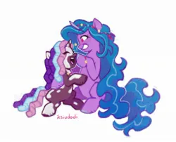 Size: 2168x1749 | Tagged: safe, artist:iksiudodi_, derpibooru import, izzy moonbow, violette rainbow, pony, unicorn, g5, boop, bracelet, duo, female, filly, foal, horn, image, jewelry, jpeg, mare, necklace, simple background, sitting, white background