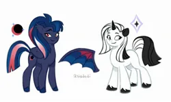 Size: 2250x1344 | Tagged: safe, artist:iksiudodi_, derpibooru import, oc, oc:silver shine, unofficial characters only, bat pony, pony, unicorn, duo, ear tufts, female, horn, image, jpeg, mare, reference sheet, tell your tale accurate, unshorn fetlocks