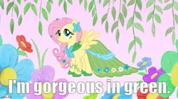 Size: 888x499 | Tagged: safe, derpibooru import, screencap, fluttershy, suited for success, caption, clothes, dress, flower, flower in hair, g4, gala dress, image, image macro, imgflip, jpeg, text, truth