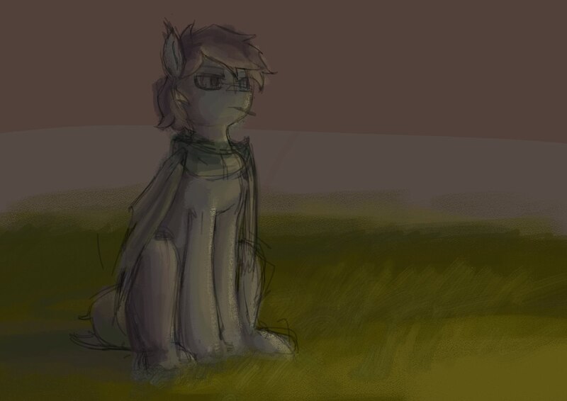 Size: 1280x905 | Tagged: safe, derpibooru import, oc, oc:miru, bat pony, pony, brown hair, cigarette, clothes, folded wings, grass, grass field, gray, image, jpeg, scarf, sitting, solo, wings