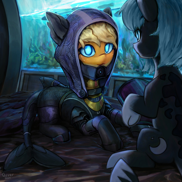 Size: 3000x3000 | Tagged: safe, artist:quvr, derpibooru import, oc, unofficial characters only, original species, pony, shark, shark pony, duo, image, jpeg, mass effect, tali'zorah vas normandy