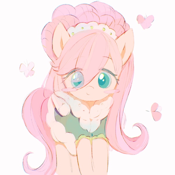 Size: 2048x2048 | Tagged: safe, artist:azhiichigo, artist:ichigoazhi, derpibooru import, fluttershy, butterfly, insect, pegasus, pony, alternate hairstyle, blushing, clothes, coat, female, image, jpeg, looking at you, mare, simple background, smiling, smiling at you, solo, white background