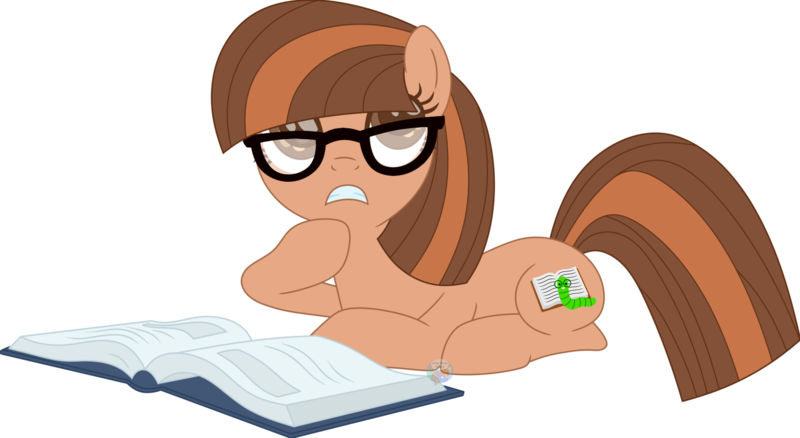 Size: 1804x988 | Tagged: safe, artist:pure-blue-heart, derpibooru import, oc, oc:bookworm, unofficial characters only, earth pony, pony, book, brown coat, brown eyes, brown mane, earth pony oc, female, glasses, image, lying down, mare, open book, png, screenshot redraw, simple background, straight hair, straight mane, thinking, transparent background, watermark