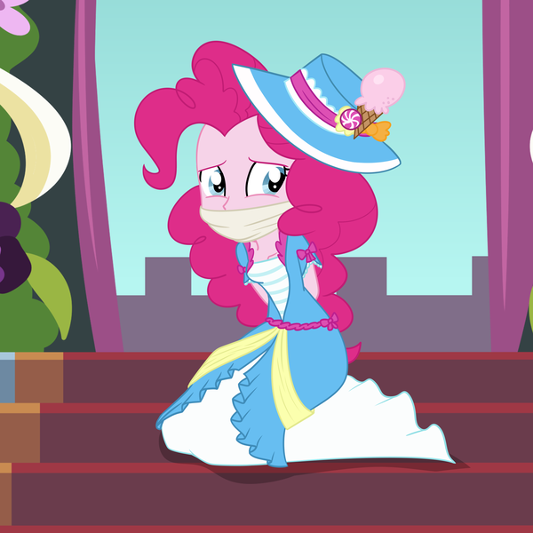 Size: 2000x2000 | Tagged: safe, artist:nie-martw-sie-o-mnie, derpibooru import, part of a set, pinkie pie, human, equestria girls, magical mystery cure, arm behind back, cloth gag, clothes, coronation dress, dress, female, femsub, g4, gag, image, kneeling, pinkiesub, png, solo, stairs, submissive