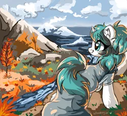 Size: 3236x2936 | Tagged: safe, artist:woonborg, oc, oc:tundral gale, unofficial characters only, pony, unicorn, autumn, cloak, clothes, cloud, commissioner:wolvan, female, image, mare, ocean, painterly, png, raised hoof, signature, solo