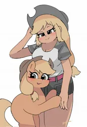 Size: 1413x2048 | Tagged: safe, artist:leo19969525, derpibooru import, applejack, earth pony, human, pony, applejack's hat, bipedal, breasts, cleavage, cowboy hat, cute, duo, female, g4, hat, human ponidox, humanized, image, jackabetes, jpeg, lidded eyes, looking at you, mare, missing cutie mark, open mouth, self paradox, self ponidox, simple background, smiling, white background