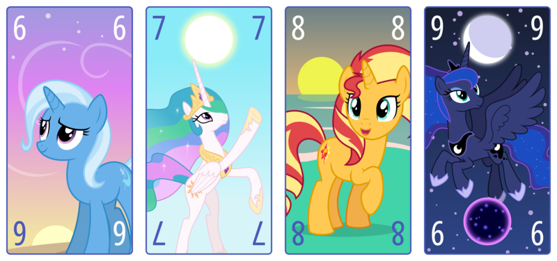 Size: 6400x3000 | Tagged: safe, artist:parclytaxel, derpibooru import, princess celestia, princess luna, sunset shimmer, tantabus, trixie, alicorn, pony, unicorn, series:parcly's pony pattern playing cards, .svg available, absurd resolution, beach, dawn, female, flying, g4, horn, image, looking up, mare, moon, playing card, png, pointing, raised hoof, rearing, smiling, sun, sunset, tarot card, vector