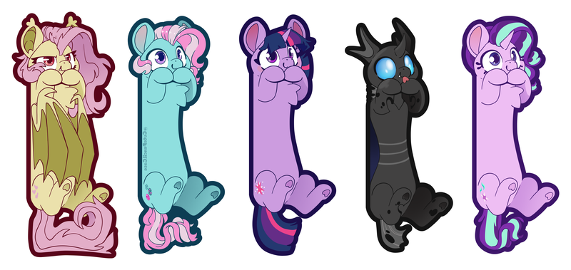 Size: 4871x2305 | Tagged: safe, artist:cutepencilcase, derpibooru import, fluttershy, minty, starlight glimmer, twilight sparkle, bat pony, changeling, earth pony, pony, unicorn, g3, bat ponified, bookmark, chest fluff, fangs, flutterbat, g4, horn, image, long, long glimmer, long pony, png, race swap, simple background, smiling, tongue out, white background