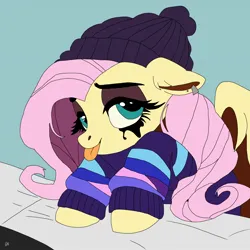 Size: 2048x2048 | Tagged: safe, artist:enterusxrname, derpibooru import, fluttershy, pegasus, pony, beanie, clothes, female, g4, goth, gothic, hat, image, jpeg, lidded eyes, makeup, mare, running makeup, signature, solo, sweater, tongue out