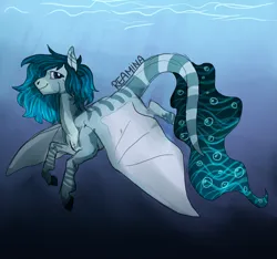 Size: 2531x2369 | Tagged: safe, artist:reamina, derpibooru import, oc, unofficial characters only, pony, bubble, crepuscular rays, dorsal fin, fin, fish tail, flowing mane, flowing tail, happy, hybrid wings, image, looking at you, ocean, png, smiling, smiling at you, solo, spread wings, sunlight, swimming, tail, underwater, water, wings