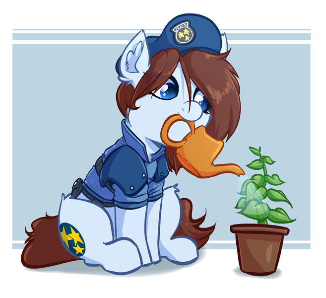 Size: 1922x1755 | Tagged: safe, artist:witchtaunter, derpibooru import, ponified, pony, beret, clothes, green herb, hat, image, jill valentine, png, resident evil, sitting, watering