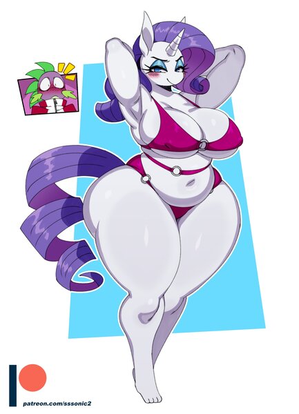 Size: 1998x2767 | Tagged: suggestive, artist:ss2sonic, derpibooru import, rarity, spike, anthro, dragon, plantigrade anthro, unicorn, arm behind head, bedroom eyes, belly, belly button, big breasts, bikini, blushing, breasts, busty rarity, chubby, cleavage, clothes, erect nipples, female, female focus, g4, horn, huge breasts, image, jpeg, looking at you, male, nipple outline, plump, shipping, solo focus, sparity, straight, swimsuit, wide hips