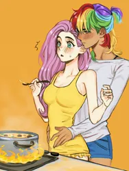 Size: 1200x1600 | Tagged: safe, artist:diannewithluv, derpibooru import, fluttershy, rainbow dash, human, blushing, breasts, cooking, female, flutterdash, food, height difference, hug, hug from behind, humanized, image, jpeg, lesbian, light skin, moderate dark skin, orange background, pot, shipping, simple background, stove