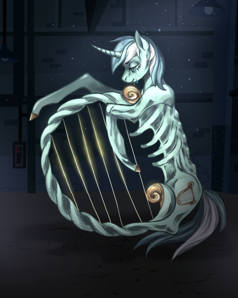 Size: 1200x1500 | Tagged: grimdark, artist:stargrains, derpibooru import, lyra heartstrings, pony, unicorn, colored hooves, crying, dust motes, g4, harp, horn, image, inanimate tf, mlp infection, musical instrument, png, sad, side view, solo, transformation