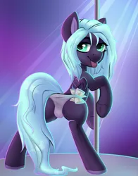Size: 785x1000 | Tagged: oc name needed, suggestive, artist:raota, derpibooru import, :p, balls, black coat, blue mane, cash, clothes, image, lidded eyes, looking at you, looking back, looking back at you, male, money, money in panties, notes, nudity, panties, png, solo, solo male, stripper, stripper pole, thong, tongue out, underwear