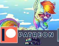 Size: 1078x842 | Tagged: suggestive, artist:black_marker, derpibooru import, rainbow dash, pegasus, advertisement, chest fluff, ear fluff, female, glasses, image, patreon, patreon logo, patreon preview, png, solo, solo female, tongue out, wings