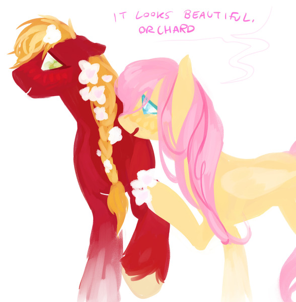 Size: 3126x3192 | Tagged: safe, artist:frostharbourer, derpibooru import, big macintosh, fluttershy, earth pony, pegasus, pony, blushing, crossdressing, dialogue, duo, female, floppy ears, flower, flower in hair, fluttermac, height difference, high res, image, jpeg, lesbian, male, mare, orchard blossom, shipping, simple background, straight, trans big macintosh, trans female, transgender, white background