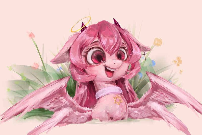 Size: 2048x1365 | Tagged: safe, artist:xyq, artist:xyq_nb, derpibooru import, oc, unofficial characters only, pegasus, pony, commission, detailed, female, flower, flying, four wings, halo, high res, horns, image, jewelry, jpeg, magenta eyes, magenta mane, mare, multiple wings, necklace, painting, pegasus oc, pink body, pink hair, pink mane, sharp teeth, solo, spread wings, teeth, wings