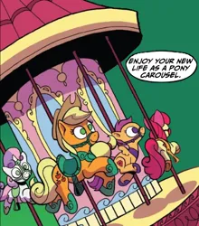 Size: 402x457 | Tagged: safe, artist:andypriceart, derpibooru import, edit, editor:raccoon, idw, apple bloom, applejack, scootaloo, sweetie belle, spoiler:comic, spoiler:comic78, bridle, carousel, cosmageddon, cropped, cutie mark crusaders, fanfic art, g4, hoof shoes, image, inanimate tf, png, saddle, tack, transformation