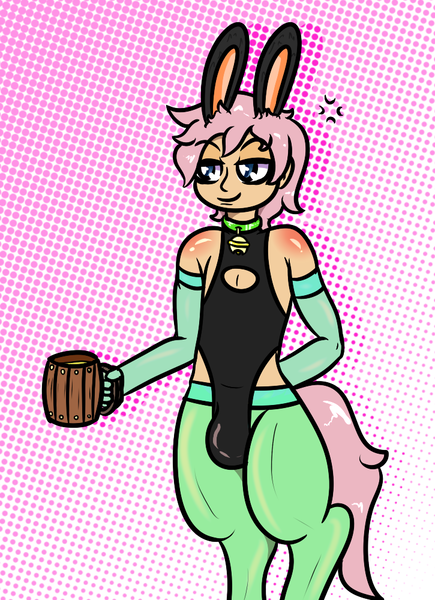 Size: 725x1000 | Tagged: suggestive, artist:lazerblues, derpibooru import, oc, oc:timber, satyr, animal costume, bugle, bunny costume, bunny ears, clothes, collar, costume, crossdressing, femboy, image, male, pantyhose, parent:fluttershy, png