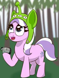 Size: 1224x1614 | Tagged: safe, artist:xppp1n, derpibooru import, diamond tiara, earth pony, pony, camcorder, female, filly, foal, forest, hat, hoof hold, image, logan paul, looking up, meme, nature, open mouth, png, ponified meme, solo, suicide forest, tooth gap, tree, video camera