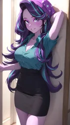 Size: 848x1507 | Tagged: suggestive, ai content, derpibooru import, editor:masterdarhil, machine learning generated, starlight glimmer, equestria girls, arm behind head, blurry background, breasts, busty starlight glimmer, button-up shirt, cleavage, clothes, curvy, ear piercing, earring, female, g4, hourglass figure, image, indoors, jewelry, jpeg, long hair, looking at you, pencil skirt, photoshop, piercing, prompter:sammykun, recolor, shirt, skirt, solo, stupid sexy starlight glimmer, sultry pose, unbuttoned