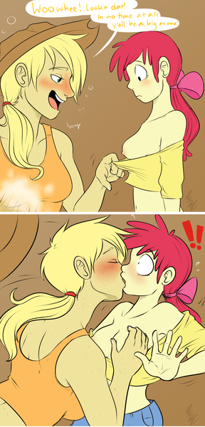 Size: 1000x2080 | Tagged: questionable, artist:cartoonlion, ponerpics import, ponybooru import, apple bloom, applejack, human, futaverse, adult, age difference, apple sisters, applecest, assisted exposure, bloomjack, blushing, breast fondling, breast grab, breasts, busty apple bloom, busty applejack, clothes, composite, denim, drunk, drunk aj, female, grope, humanized, image, incest, jeans, kissing, lesbian, molestation, nipples, nudity, pants, personal space invasion, png, shipping, shirt, shocked, siblings, sisters, speech bubble, surprise kiss, surprised, young