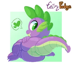 Size: 423x428 | Tagged: suggestive, artist:fairyfudge, derpibooru import, spike, dragon, ass, butt, butt touch, explicit source, fangs, foalcon, g4, green heart, hand on butt, heart, image, looking at you, looking back, looking back at you, lying down, male, passepartout, png, rear view, side, signature, smiling, solo, solo male, speech bubble, tail, underage, underfoot