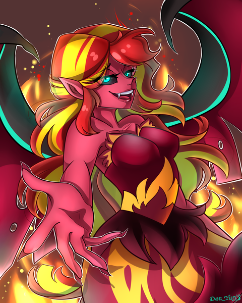Size: 2000x2500 | Tagged: safe, artist:yuris, derpibooru import, sunset shimmer, demon, human, equestria girls, black sclera, bust, clothes, dress, fire, g4, humanized, image, looking at you, open mouth, png, smiling, smiling at you, spread wings, sunset satan, winged humanization, wings