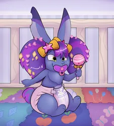 Size: 3239x3589 | Tagged: safe, artist:uniamoon, derpibooru import, rabbit, g5, my little pony: tell your tale, adult foal, animal, bow, bunnisi beauties, commission, crib, diaper, diapered, hair bow, image, indoors, male, nail polish, non-baby in diaper, pacifier, pigtails, playpen, png, rattle, sitting, smiling, solo, tail, twitch (g5), twitch is fabulous, wig