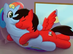 Size: 3400x2505 | Tagged: safe, artist:sweetielover, derpibooru import, oc, unofficial characters only, pegasus, pony, unicorn, bed, bedroom, duo, eyes closed, female, g4, high res, horn, hug, image, male, pegasus oc, png, romantic, snuggling, spread wings, unicorn oc, window, wings