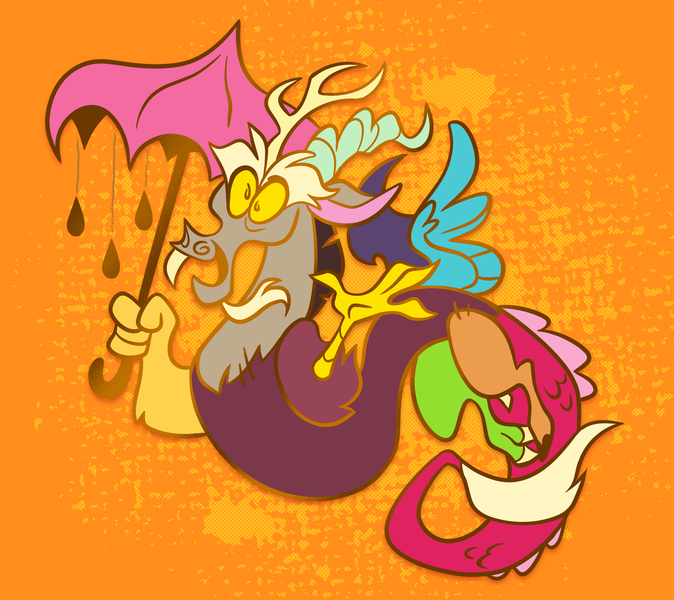 Size: 2427x2160 | Tagged: safe, artist:janegumball, derpibooru import, discord, draconequus, abstract background, beard, chaos, chest fluff, chocolate, chocolate rain, colored sclera, enamel pin, facial hair, fangs, food, g4, high res, holding, image, in air, kickstarter, male, open mouth, open smile, orange background, png, rain, raised arms, simple background, smiling, solo, spread wings, umbrella, wings, yellow sclera