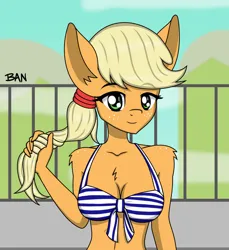 Size: 1558x1698 | Tagged: safe, artist:banquo0, derpibooru import, applejack, anthro, bikini, breasts, bust, cleavage, clothes, eyebrows, eyebrows visible through hair, female, g4, image, jpeg, looking at you, ponytail, smiling, solo, swimsuit