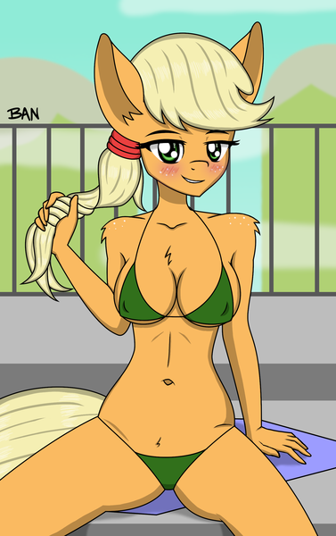 Size: 1558x2478 | Tagged: suggestive, alternate version, artist:banquo0, derpibooru import, applejack, anthro, belly button, bikini, blushing, breasts, busty applejack, cleavage, clothes, derpibooru exclusive, erect nipples, eyebrows, eyebrows visible through hair, female, g4, green bikini, image, lidded eyes, looking at you, micro bikini, nipple outline, png, ponytail, sitting, smiling, solo, solo female, spreading, swimsuit