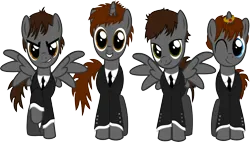 Size: 6185x3508 | Tagged: safe, artist:lonichedgehog, derpibooru import, ponified, pegasus, pony, unicorn, >:), blue eyes, brown eyes, brown mane, brown tail, clothes, g4, george harrison, gray coat, green eyes, grin, horn, image, john lennon, male, necktie, one eye closed, paul mccartney, png, raised hoof, ringo starr, show accurate, simple background, smiling, smirk, spread wings, suit, tail, the beatles, transparent background, vector, wings, wink