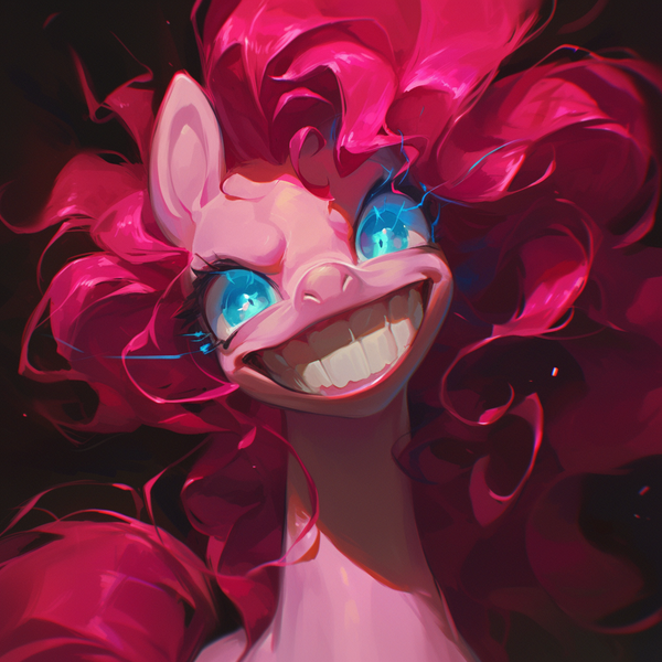 Size: 1024x1024 | Tagged: safe, ai content, derpibooru import, machine learning generated, prompter:enterusxrname, pinkie pie, evil grin, generator:midjourney, glow, glowing eyes, grin, head tilt, image, png, smiling, xk-class end-of-the-world scenario