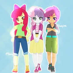 Size: 2048x2048 | Tagged: safe, artist:bunnysmg, derpibooru import, apple bloom, scootaloo, sweetie belle, human, equestria girls, crossed arms, cutie mark crusaders, female, g4, hand on hip, high res, image, jpeg, open mouth, open smile, outline, smiling, trio, trio female, white outline