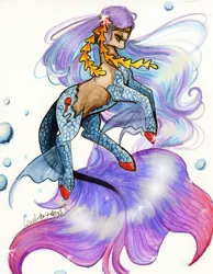 Size: 827x1068 | Tagged: safe, artist:divinekitten, derpibooru import, ponified, pony, bubble, colored hooves, colored pencil drawing, crossover, eyelashes, female, fins, fish tail, floating, flowing mane, flowing tail, g4, hooves, image, jpeg, long mane, long tail, madison beer, madison fear, mare, monster high, multicolored mane, multicolored tail, no mouth, scales, shiny hooves, shiny mane, shiny tail, side view, signature, simple background, solo, tail, traditional art, watercolor painting, wavy mane, white background