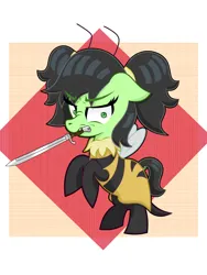 Size: 1200x1600 | Tagged: safe, derpibooru import, oc, oc:anonfilly, unofficial characters only, pony, angry, female, filly, image, jpeg, knife, pigtails, solo, wasp costume