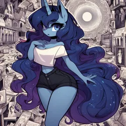 Size: 1024x1024 | Tagged: safe, ai content, derpibooru import, machine learning generated, princess luna, anthro, abstract, adorasexy, bare shoulders, breasts, clothes, curvy, cute, female, g4, hourglass figure, image, impossibly thin waist, long hair, looking at you, png, prompter:horselover fat, reasonably sized breasts, sexy, shirt, shorts, shoulderless, solo, strapless, surreal, walking, wide hips