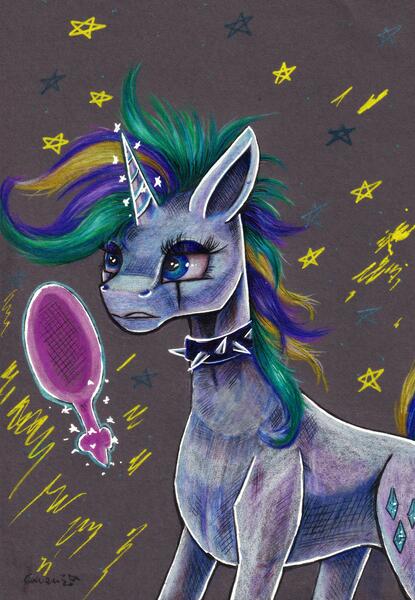 Size: 4409x6370 | Tagged: safe, artist:cahandariella, derpibooru import, rarity, unicorn, alternate hairstyle, colored pencil drawing, gray background, horn, image, jpeg, mirror, punk, raripunk, simple background, solo, traditional art