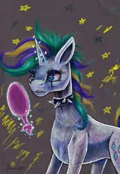 Size: 4409x6370 | Tagged: safe, artist:cahandariella, derpibooru import, rarity, unicorn, alternate hairstyle, colored pencil drawing, gray background, horn, image, jpeg, mirror, punk, raripunk, simple background, solo, traditional art