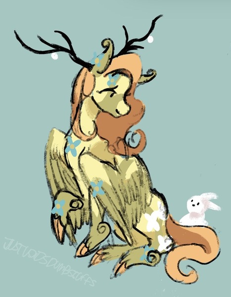 Size: 823x1058 | Tagged: safe, artist:justvoidsdumbstuff1, derpibooru import, angel bunny, fluttershy, pegasus, pony, rabbit, alternate color palette, alternate design, animal, antlers, cloven hooves, colored ears, colored hooves, colored wings, colored wingtips, dot eyes, duo, duo male and female, ear tufts, female, fetlock tuft, flower, g4, image, jpeg, long mane, long tail, looking at each other, looking at someone, male, mare, partially open wings, profile, raised hoof, redesign, signature, simple background, sitting, smiling, tail, teal background, two toned coat, two toned wings, unshorn fetlocks, wing fluff, wings