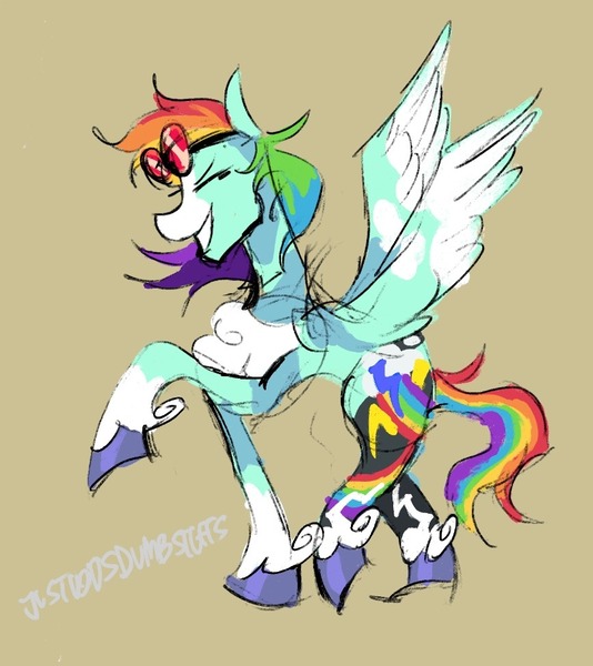 Size: 867x975 | Tagged: safe, artist:justvoidsdumbstuff1, derpibooru import, rainbow dash, pegasus, pony, alternate color palette, alternate cutie mark, alternate design, beige background, blaze (coat marking), blue coat, chest fluff, coat markings, colored hooves, colored muzzle, colored sketch, colored wings, concave belly, dot eyes, facial markings, female, fetlock tuft, g4, goggles, goggles on head, image, jpeg, mare, multicolored hair, profile, rainbow hair, rainbow tail, raised hoof, raised leg, redesign, shiny hooves, signature, simple background, sketch, smiling, solo, spread wings, tail, thin, twitterina design, two toned wings, unshorn fetlocks, wings