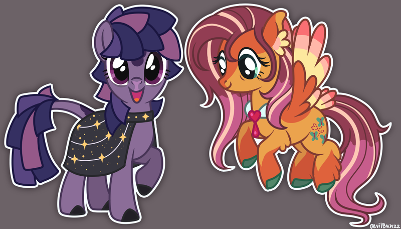 Size: 1012x577 | Tagged: safe, artist:devilbunzz, derpibooru import, part of a set, fluttershy, twilight sparkle, earth pony, pegasus, pony, alternate color palette, alternate design, alternate hairstyle, alternate tailstyle, alternate universe, bags under eyes, blaze (coat marking), cloak, clothes, coat markings, colored ear fluff, colored ears, colored hooves, colored muzzle, colored wings, colored wingtips, draw over, duo, duo female, ear fluff, earth pony twilight, facial markings, female, flying, g4, gray background, horn, image, leg fluff, leonine tail, long mane, long tail, mare, multicolored mane, multicolored tail, multicolored wings, neck bow, open mouth, open smile, outline, png, purple coat, purple eyes, race swap, raised hoof, signature, simple background, smiling, snip (coat marking), socks (coat marking), spread wings, standing, straight mane, straight tail, tail, teal eyes, wall of tags, wingding eyes, wings, yellow coat